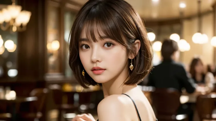 (masterpiece, Super detailed, very detailed, exquisite, 16k, confused), woman, 19 years old, glamorous, (Refreshing breeze:1.4), looking at the viewer, short hair, messy hair, diagonal bangs, brown hair, brown eyes, Upper body, cinematic lighting, Blurry b...