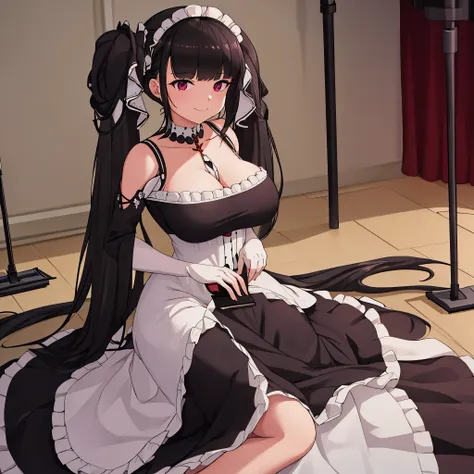 a woman wearing a maid dress, long skirt, holding a mop, full body, long stockings, long black hair, long pigtails, burgundy eye...