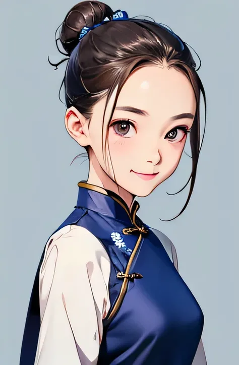 highest quality、realistic、Japanese、girl、zoom、cute、gray eyes、bun hair、chestnut hair、all back、The forehead is protruding、blue cheongsam、look down、big smile、bust shot、thin、small breasts