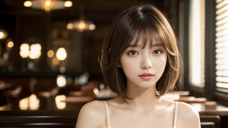 (masterpiece, Super detailed, very detailed, exquisite, 16k, confused), woman, 19 years old, glamorous, (Refreshing breeze:1.4), looking at the viewer, short hair, messy hair, diagonal bangs, brown hair, brown eyes, Upper body, cinematic lighting, Blurry b...