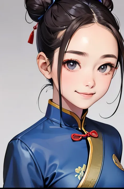 highest quality、realistic、Japanese、girl、zoom、cute、gray eyes、bun hair、chestnut hair、all back、The forehead is protruding、blue cheongsam、look down、big smile、bust shot、thin、small breasts