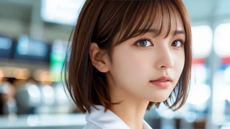 product quality, upper body shot, Front view, Airport cafe, girl, young beautiful japanese woman, short bob hair, hyper pretty face, glamorous, I wear a satin silk white shirt with short sleeves and long sleeves with a collar, Airport cafeで笑顔いっぱい, glossy l...