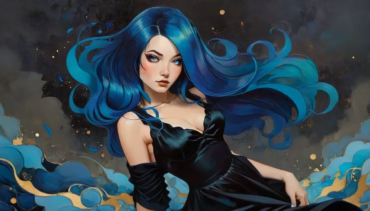 a painting of a woman with long black hair and a black dress, girl with blue hair, style of charlie bowater, jen bartel, in style of charlie bowater, woman with black hair, in style of anna dittmann, charlie bowater rich deep colors, inspired by Jeremiah K...