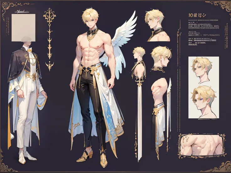 ((Masterpiece, Highest quality)), Male, boy, Detailed face, character design sheet， full bodyesbian, Full of details, frontal body view, back body view, Highly detailed, Depth, Many parts, angel wings, angel outfit, Muscle boy with blonde hair，handsome man...