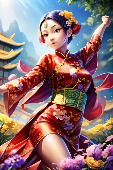 (masterpiece, top quality, best quality, official art, beautiful and aesthetic:1.2), 1 girl , extremely detailed, (flowers:1.3),highest detailed, (dynamic pose), (blurry background:1.3), (chinese Traditional cloth:1.2), (shiny skin),