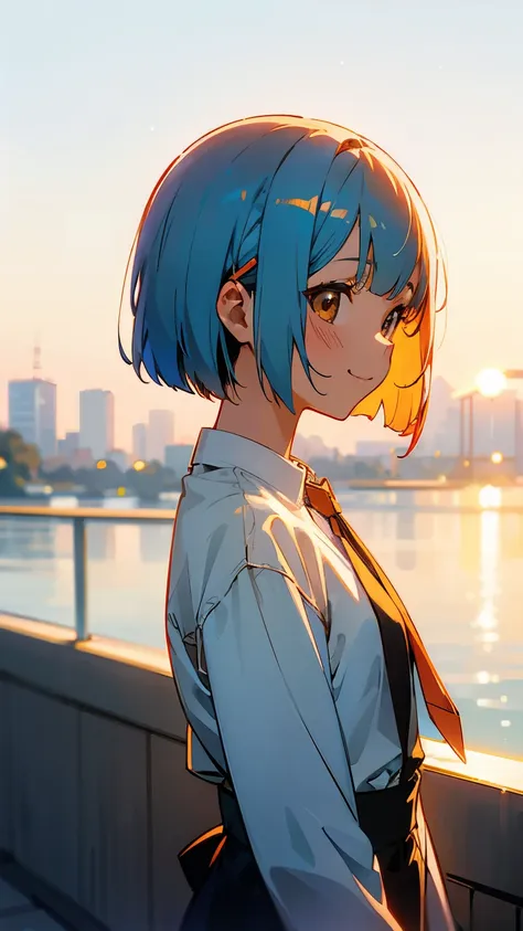 1 girl、anime picture、cute woman、shrimp、glossy light blue hair、short bob hairstyle、tie your hair with an orange hair clip、beautif...