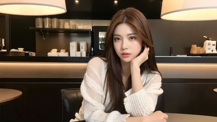 ((realistic lighting, best quality, 8K, master piece:1.3)), sharp focus:1.2, 1 girl, beautiful woman with perfect figure:1.2,  ((dark brown hair)), (Leisure Set:1.2），Inside a stylish cafe，Extra-fine face，fine eyes，double eyelid，