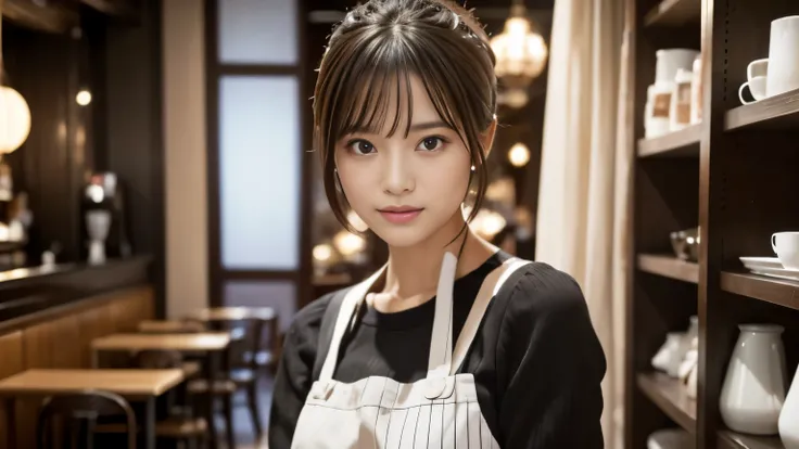 (((Cafe:1.3, Inside the store, Photographed from the front))), ((beauty salon model:1.3,Black and white bicolor dress, japanese woman, cute)), (clean, natural makeup), (highest quality, masterpiece:1.3, 超High resolution), (Super detailed, caustics), (reali...