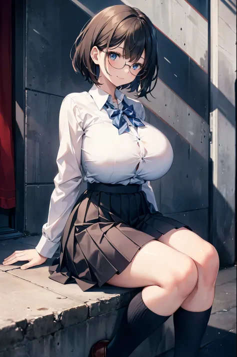 1 girl, glasses, (full body:1.2), sitting, (angle from below:1.1), (angle from the side:1.1), smile, (slim body:1.2), (huge breasts:1.5), (slender and long legs:1.1), black hair, short hair, high , sailor, pleated skirt, (blue socks:1.1), brown loafers,