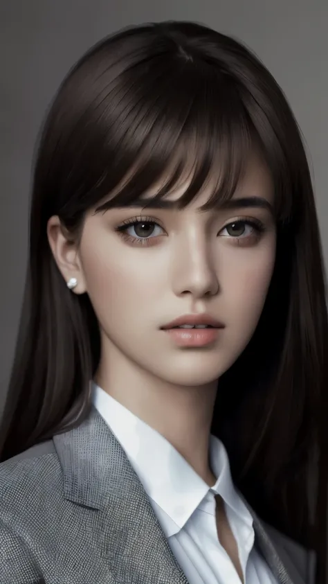 highest quality, masterpiece, ultra high resolution, portrait, (realistic: 1.4), Raw photo, 1 girl, Side-swept bangs, Wearing a suit, detailed facial texture, Small Wing