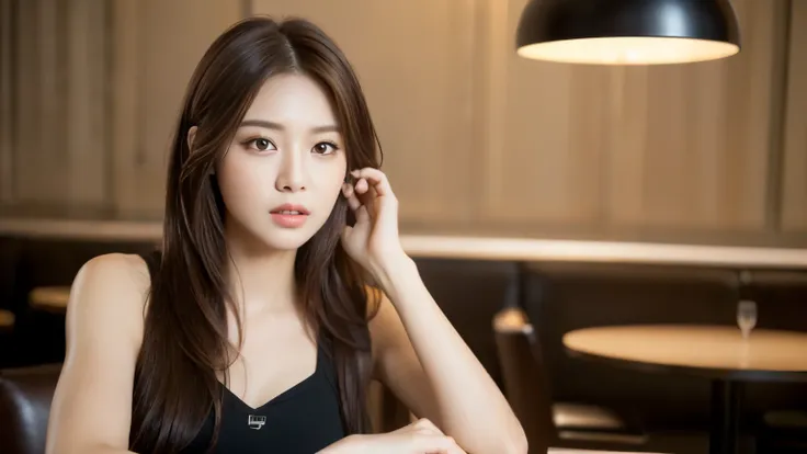 ((realistic lighting, best quality, 8K, master piece:1.3)), sharp focus:1.2, 1 girl, beautiful woman with perfect figure:1.2,  ((dark brown hair)), (Leisure Set:1.2），Inside a stylish cafe，Extra-fine face，fine eyes，double eyelid，