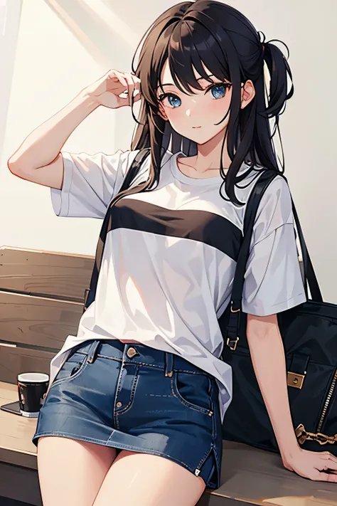 1 girl,shirt,miniskirt,shirt_lift by right hand