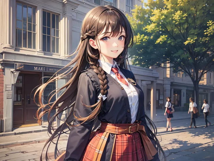 ((highest quality)),(ultra high resolution),(Super detailed),(detailed description),((The best CG)),(best work of art),super precision art,amazing drawing art,(Art with precise details:1.5), (high school girl:1.5),(Braided side hair:1.4),hair band:1.4,(smi...