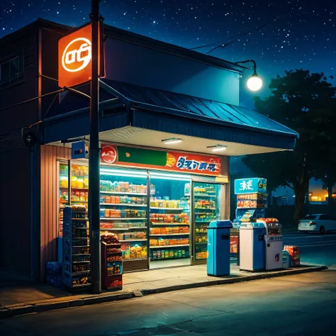 convenience store on the road，midnight，night，street lamp