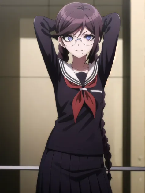 toukofukawa, touko fukawa, long hair, bangs, brown hair, braid, glasses, mole, twin braids, mole under mouth, round eyewear, (brown eyes:1.3),
BREAK skirt, shirt, long sleeves, , serafuku, sailor collar, neckerchief, black shirt, red neckerchief,
 solo, ni...