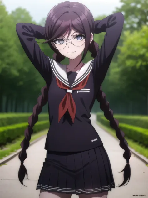 toukofukawa, touko fukawa, long hair, bangs, brown hair, braid, glasses, mole, twin braids, mole under mouth, round eyewear, (brown eyes:1.3),
BREAK skirt, shirt, long sleeves, , serafuku, sailor collar, neckerchief, black shirt, red neckerchief,
 solo, ni...