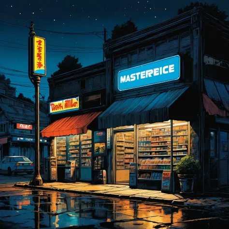 (masterpiece:1.4), (best quality:1.4), (High resolution:1.4), (masterpiece, best quality, High resolution:1.4), dark fantasy, science fiction, Frank Miller comic style, Convenience store on the road，midnight，night，street lamp, science fiction world