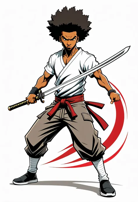 a vector t shirt design, the boondocks style, cartoon Afro ninja character in standing mid-action, wielding a katana sword with finesse. The ninja making a swiftly slices movement with a dynamic motion, against a white background.