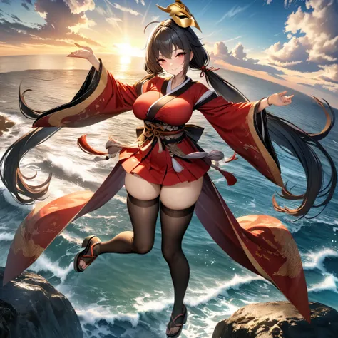 A woman wearing a red kimono with yellow details, short skirt, large breasts, long black hair, long pigtails, red eyes, long stockings, a golden mask on her forehead, on a platform overlooking the great sea, smiling, full body , blue sky, well-spread and r...