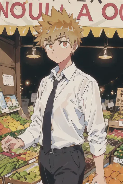 masterpiece, best quality, high quality, 1boy, solo, male focus, looking at viewer, upper body, shuu_inuzuka, spiked hair, light brown hair, orange eyes, , formal, necktie, dress shirt, walking on market 