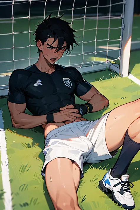 shirtless, super muscular, sweat-drenched body, 22-year old short black hair handsome caucasian male goalkeeper wearing sweat-drenched white soccer shorts and shoes, panting, lying on the grass near the goal of the soccer field