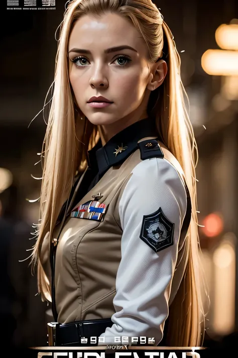 realistic,polite attire,(Fighter Action War Movie Poster),(Foundation Film Reference: 1.8),realistic,Air Force general uniform,(realistic Face Resolution),movie pose,adult,skinny,small,1 woman with long hair and dark blonde,serious face,SF,SF,Various suppo...