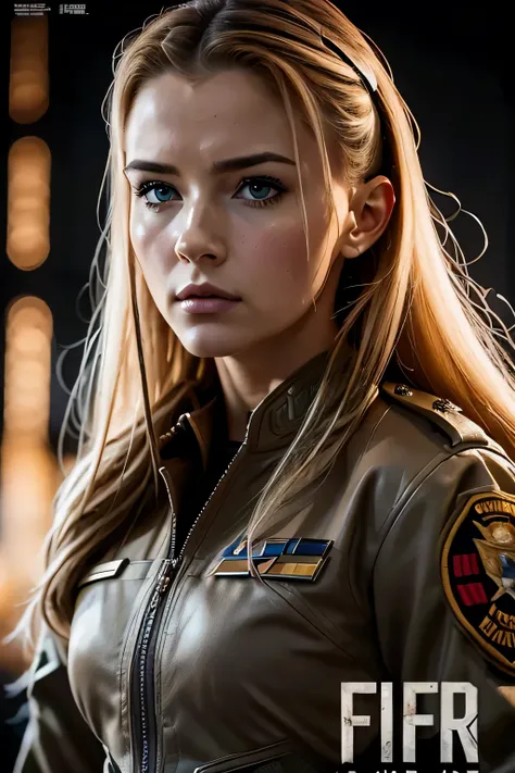 realistic,polite attire,(Fighter Action War Movie Poster),(Foundation Film Reference: 1.8),realistic,Air Force general uniform,(realistic Face Resolution),movie pose,adult,skinny,small,1 woman with long hair and dark blonde,serious face,SF,SF,Various suppo...