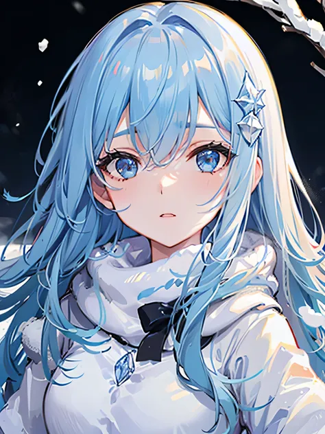 ((Best quality))), Ultra detailed, 4k, 1 girl, winter, ((ice)), cold, ((pale light blue hair)), beautiful detailed hair, pale light blue background, ((no expression)), beautiful detailed eyes, ice effect, (((crystal of snow))), ((blue explosion,))upper bod...