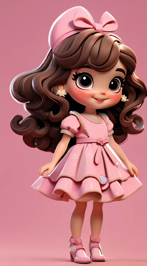 Create a series of cute chibi-style dolls, cabelo castanho claro, brown hair, bun in hair, cute dress, olhos azuis, pink bow in hair, vestido fofo, sorrindo, feliz, com um lindo sorridente e fofa, each with lots of detail and in 8K resolution. All puppets...