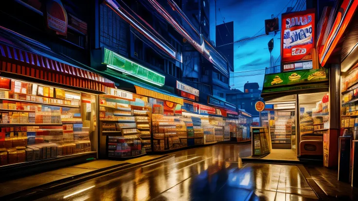 best quality, super fine, 16k, RAW photo, photorealistic, incredibly absurdres, extremely detailed, delicate, flashy and dynamic depiction, convenience store late at night, the products are neatly lined up, there is no one there, and the lights are shining...