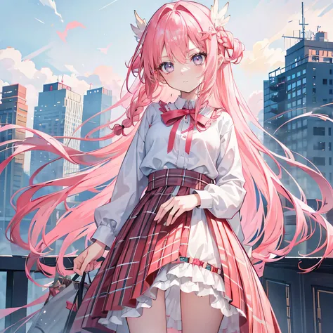 Coral Pink Hair，Not very long hair，Princess cut，There is a small braid，hair between eyes，，gray eyes，feather hair ornament，girl，cute，JK plaid skirt，whole body照，whole body，Fingers and arms are not exposed，Background City，Blue sky and white clouds，Very angry ...