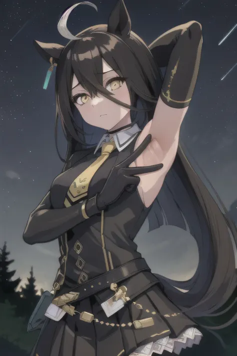 (masterpiece, best quality:1.2), solo, 1girl, manhattancafe, expressionless, looking at viewer, ahoge, black jacket, shirt, necktie, black gloves, skirt, pantyhose, single earring, tail, solo, night sky, forest, arms behind head, contrapposto, spread armpi...