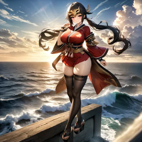 A woman wearing a red kimono with gold details, short skirt, large breasts, long black hair, long pigtails, red eyes, long stockings, a golden mask on her forehead, on a platform overlooking the great sea, smiling, full body , blue sky, well-spread and rea...