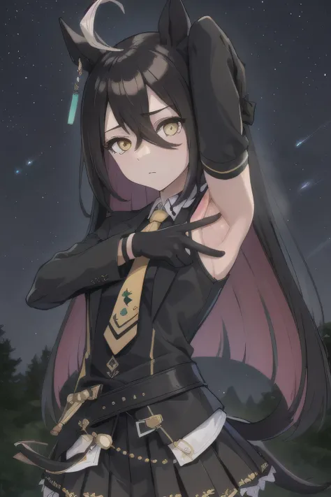 (masterpiece, best quality:1.2), solo, 1girl, manhattancafe, expressionless, looking at viewer, ahoge, black jacket, shirt, necktie, black gloves, skirt, pantyhose, single earring, tail, solo, night sky, forest, arms behind head, contrapposto, spread armpi...