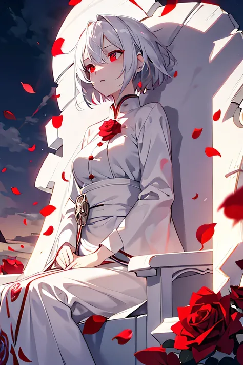 Short white hair blowing in the wind，glowing red eyes，Holding Red rose，Petals spilled，Red rose，masterpiece，Clouds around，throne