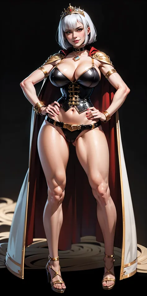 ((BLACK BACKGROUND,1:2, masterpiece)), full body MILF BIMBO standing with two long thighs and two high heels, red eyes, silver white hair, short bob style hair, big breasts, cleavage, separate sleeves, tiara royal, long cape up to two feet, yellow bikini, ...