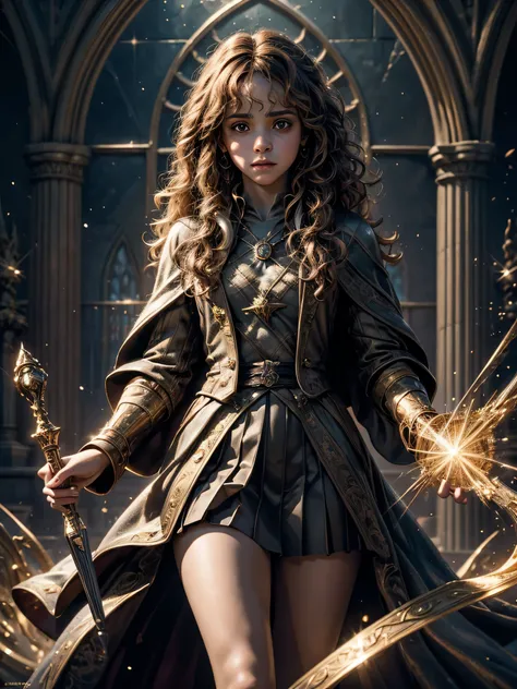 Masterpiece of the Harry Potter universe, best quality representation, ultra-detailed and finely textured, hermione granger in the Harry Potter galaxy, photorealistic and supremely aesthetic, 4K image quality, distinctly representing hermione granger with ...