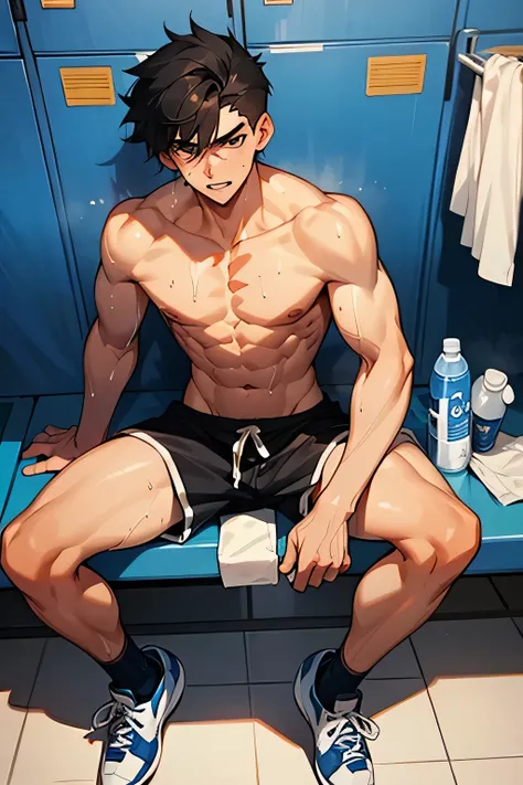 shirtless, super muscular, sweat-drenched body, 22-year old short black hair handsome caucasian male wearing sweat-drenched white soccer shorts and shoes, panting, sitting on the bench, bottled water, in the locker room