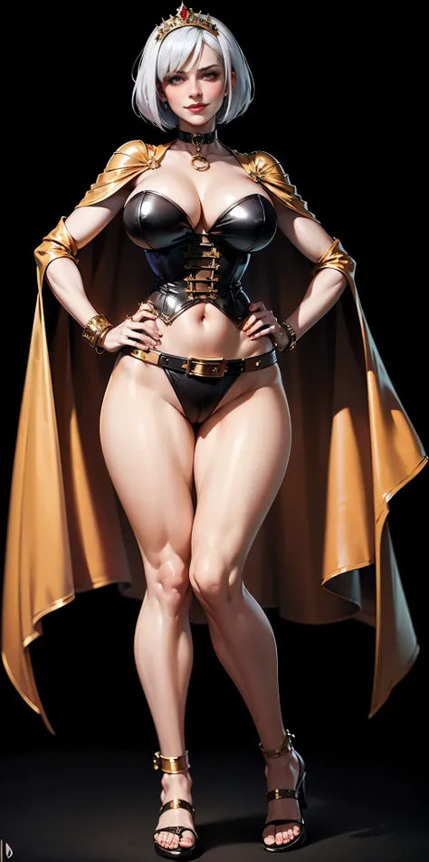 ((BLACK BACKGROUND,1:2, masterpiece)), full body MILF BIMBO standing with two long thighs and two high heels, red eyes, silver white hair, short bob style hair, big breasts, cleavage, separate sleeves, tiara royal, long cape up to two feet, yellow bikini, ...