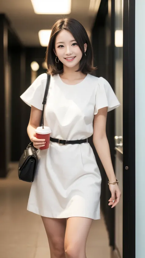 24-year-old secretary wearing a dress,  realistic, masterpiece, ultra high resolution, 16K quality, Raw photo,  short hair,  smile, slim body shape, thin waist, moderate body proportions, perfect skin, Standing in the office corridor drinking coffee,  glow...