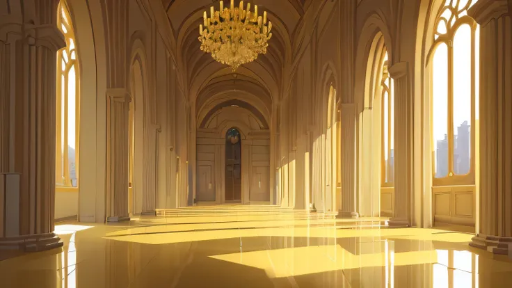 ((highest quality)), ((masterpiece)), (be familiar with), Quiet, bright and spacious corridor, Yellow sunlight, Big pillars, tile floor, beautiful, big window