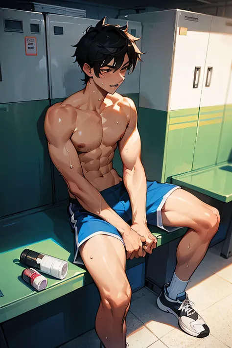 shirtless, super muscular, sweat-drenched body, 22-year old short black hair handsome caucasian male wearing sweat-drenched white soccer shorts and shoes, panting, sitting on the bench, bottled water, in the locker room