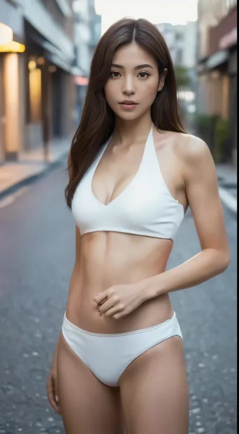 ((Realistic lighting, top quality, 8K, Masterpiece: 1.3)), Focus: 1.2, 1 girl, Slim Japan, Perfect figure: 1.4, Slim Abs: 1.1, (((Dark Brown Hair)), (White Bear Top Bikini: 1.4), (Outdoor, Night: 1.1), City Street, Ultra Fine Face, Narrow Eyes, Double Eyel...