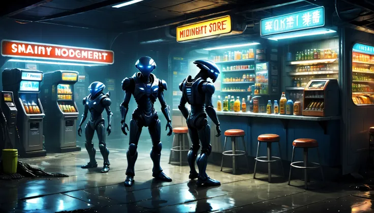 midnight convenience store, aliens and robots drinking together, aliens, robots,detailed,futuristic city environment, post-apoca...