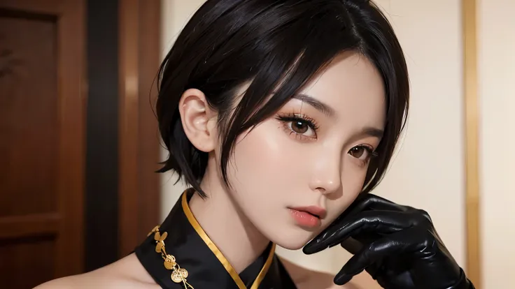 Cool Chinese Girl with Short Hair - Version 2.0:

Chinese women、Her short hair exudes sophistication and coolness.。, sophisticated hairstyle. her hair, Long shiny black bob, This style emphasizes angular jawline and high cheekbones.. The woman&#39;s face i...