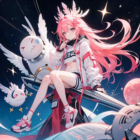 Coral pink hair，long hair，hair over one eye，gray eyes，feather hair ornament，cute，girl，laughing expression，white coat，shorts，Wearing sneakers，whole body，Sitting on a satellite，Does not expose fingers，The background is space，Cosmic Galaxy