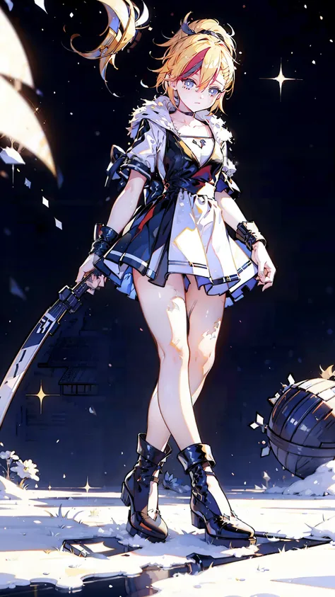 1 girl, ultra long hair, ultra detailed face, glowing lips, glowing blue eyes, very long ponytail, elegant walk, catwalk, holding down a  giant katana, blonde, long eyelashes, long boots , looking to the sky, starry sky, a ultra giant katana 