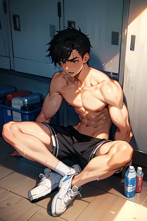 shirtless, super muscular, sweat-drenched body, 22-year old short black hair handsome caucasian male wearing sweat-drenched white soccer shorts and shoes, panting, sitting on the floor, bottled water, in the locker room