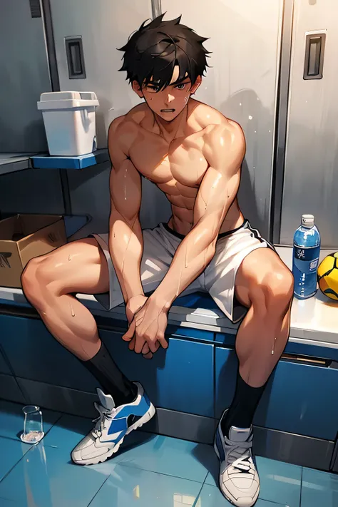 shirtless, super muscular, sweat-drenched body, 22-year old short black hair handsome caucasian male wearing sweat-drenched white soccer shorts and shoes, panting, sitting on the floor, bottled water, in the locker room