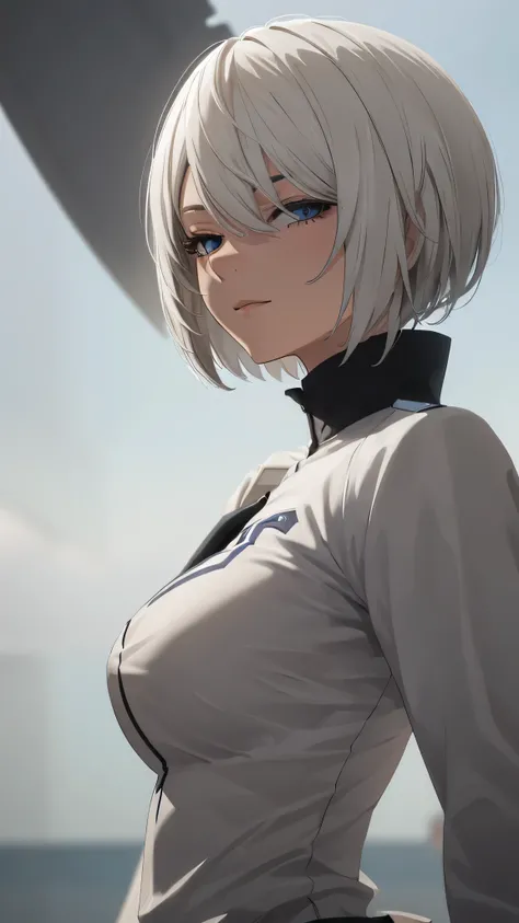 extremely detailed CG unity 8k wallpaper), (masterpiece), (best quality), (ultra-detailed), (best illustration), (best shadow), (absurdres) ,(detailed eyes), 2b, 1girl, short hair, white hair, solo, Intimidating women, admiral uniform, night, hero pose, wh...